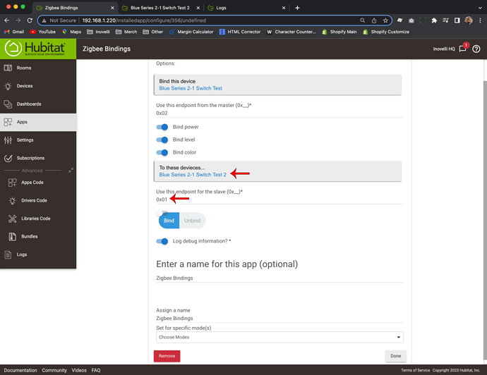 Zigbee Bindings - Hubitat - Switch to Switch - Step 4