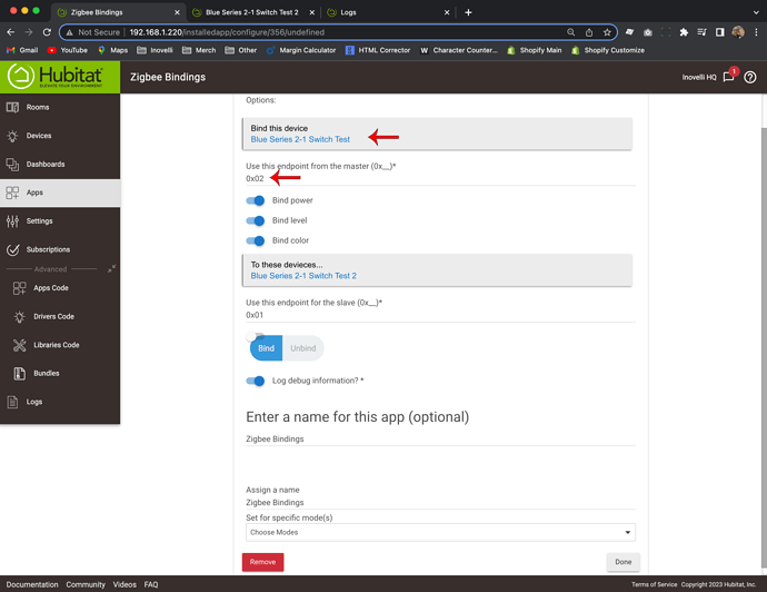 Zigbee Bindings - Hubitat - Switch to Switch - Step 2